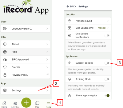 Screenshots of settings controls in the iRecord app
