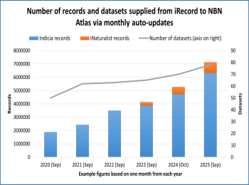 chart showing increase in number of records sent to NBN Atlas via iRecord's automated uploads